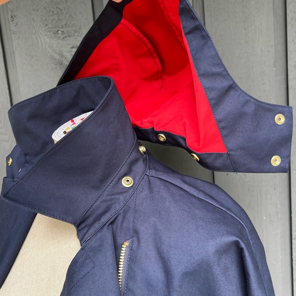 J Crew Belvedere Rain Coat Swing Trench Jacket Navy & Red Hooded - Picture 5 of 16